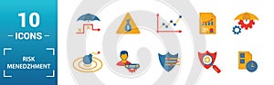 Risk Management icon set. Include creative elements risk management, risk capital, risk plan, project manager, project timeline