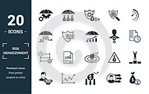 Risk Management icon set. Include creative elements risk management, risk capital, risk plan, project manager, project timeline