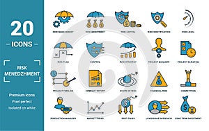 Risk Management icon set. Include creative elements risk management, risk capital, risk plan, project manager, project timeline