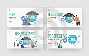 Risk Management Landing Page Template Set. Workgroup Characters Admit, Identify, Measure and Implement Business Strategy