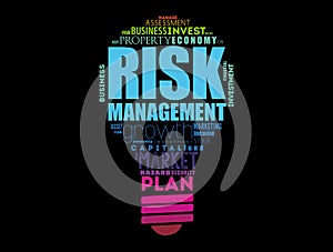 Risk Management light bulb word cloud collage