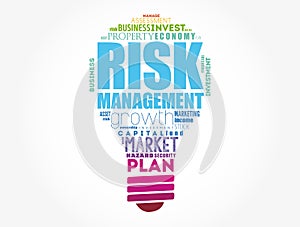 Risk Management light bulb word cloud collage