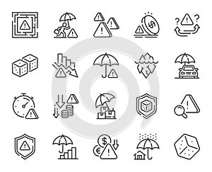 Risk management line icons. Safety umbrella, Iceberg threat and dice gambling set. Vector