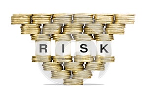 Risk Management Word Risk on Unstable Stack of Gold Coins