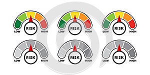 Risk Meter Gauge Set. Low, Medium, and High Level Indicators