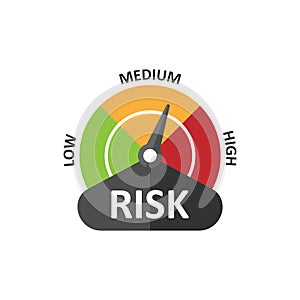 Risk meter icon in flat style. Rating indicator vector illustration on white isolated background. Fuel level sign business concept