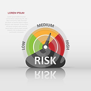 Risk meter icon in flat style. Rating indicator vector illustration on white isolated background. Fuel level sign business concept