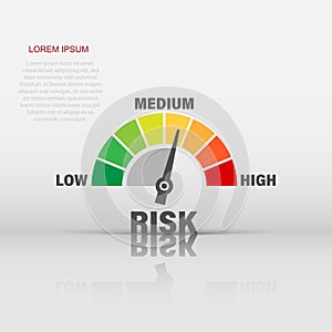 Risk meter icon in flat style. Rating indicator vector illustration on white isolated background. Fuel level sign business concept