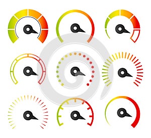 Risk meter. Risk concept on speedometer. High risk scales on the speedometer. Set of gauges from low to high. From