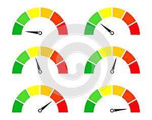 Risk meters. Gauge and icon of speedometer. Score of performance, speed, power, pressure and progress. Dial with low, medium and photo