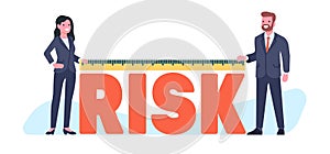 Risk miscalculation in business. Businessmen measure probability of failure with ruler. Man and woman in suits. Finance