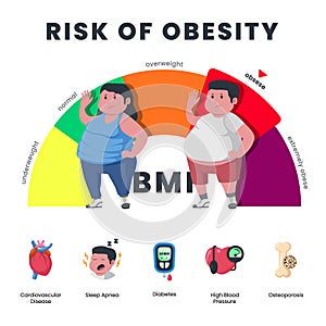 Risk of obesity of medical healthcare with fat big size man and woman with obesity and BMI meter health poster infographic for