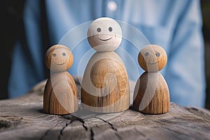 Risk reduction Wooden dolls and icons symbolize safety and protection