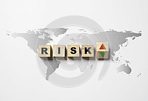 Risk wording with red up arrow and green down arrow on world map for global risk crisis concept