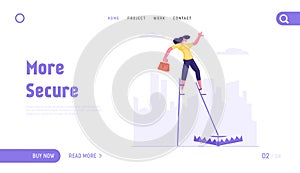 Risky Management Business Risk Website Landing Page. Businesswoman Balancing on Stilts Step Directly into Trap