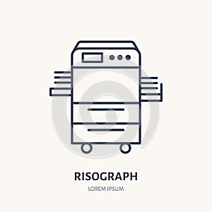 Risograph printer with paper flat line icon. Office printing device sign. Thin linear logo for printery, equipment store photo