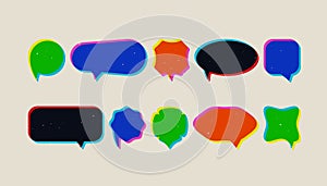 Risograph speak balloons. Doodle comic speech bubbles, cartoon empty chat dialog box risoprint overlay. Vector geometric