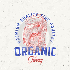 Risograph Style Turkey Meat Products Farm Retro Badge Logo Template. Hand Drawn Bird Face Sketch with Retro Typography