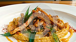 Risotto with fried pork and sesame seeds on white plate.