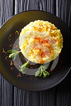 risotto from rice carnaroli with saffron and mint closeup. Vertical top view from above