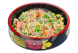 Risotto with rice, green peas, carrot, bell pepper, pickled cucumbers