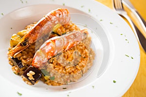 Risotto with shrimps and parmesan. Rissoto is a northern Italian rice dish cooked with broth until it reaches a creamy consist.