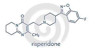 Risperidone antipsychotic drug molecule. Used in treatment of schizophrenia, bipolar disorder and related conditions. Skeletal.