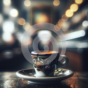 A ristretto shot on a saucer with blurred cafe scenery behind. AI generated. photo