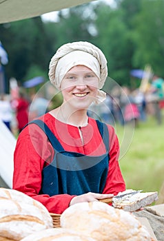 RITTER WEG, MOROZOVO, APRIL 2017: Festival of the European Middle Ages. Women in slavonic clothes. Portrait medieval slavic beauti