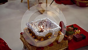 Ritual Agni Havan Kund fire at a traditional Indian religious wedding ceremony