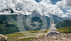 Ritual buddhist stupa on Rohtang La mountain pass in indian Himalaya