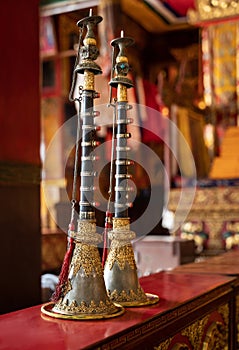 A ritual Buddhist wind musical instruments - gyaling, in the gompa of the monasterie