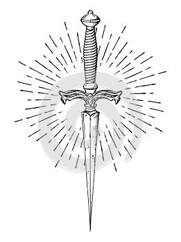 Ritual dagger with rays of light isolated on white background hand drawn vector illustration. Black work, flash tattoo or print de