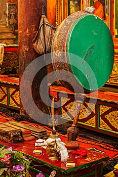 Ritual drum in Hemis monastery. Ladakh, India