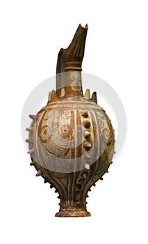 Ritual jug with spiky protrusions isolated on white background. It is decorated with a relief figure-of-eight shield on the neck, photo