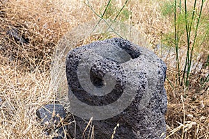 Ritual  stone in ruins of the Dir Aziz Synagogue, built in the Byzantine period, at the beginning of the sixth century AD. It is