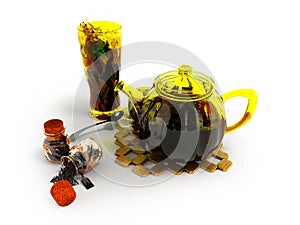 Concept black tea in glassware welding 3d rendering on white background with shadow photo