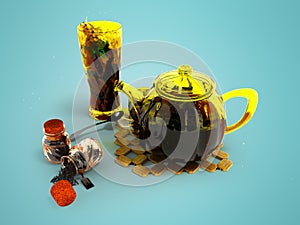 Concept black tea in glassware welding 3d rendering on blue background with shadow photo