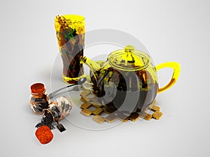 Concept black tea in glassware welding 3d rendering on gray back photo