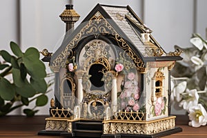 ritzy birdhouse with plush furnishings and intricate details