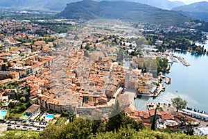 Riva del Garda town aerial view panorama at Lake Garda