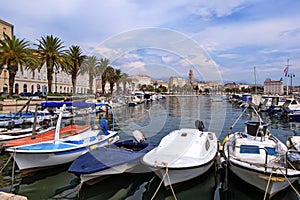 Riva waterfront, houses and Cathedral of Saint Domnius, Dujam, Duje, bell tower Old town, Split, Croatia