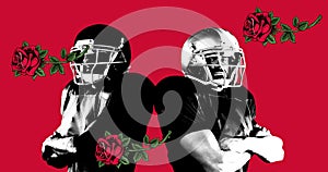 Rival american football players back to back with arms crossed amidst falling roses