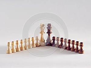 Rival chess piece kings stand next to each other with their army of pawns in a row