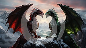 Rivalry in Frost The Enchanting Dance of Emerald and Crimson Dragons Amidst the Frozen Peaks