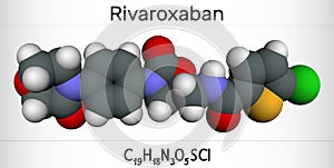 Rivaroxaban molecule. It is an anticoagulant and the orally active direct factor Xa inhibitor. Molecular model