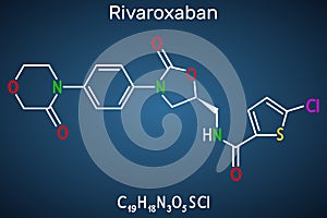 Rivaroxaban molecule. It is an anticoagulant and the orally active direct factor Xa inhibitor. Structural chemical formula on the