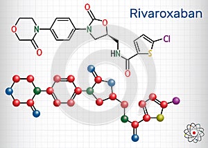 Rivaroxaban molecule. It is an anticoagulant and the orally active direct factor Xa inhibitor. Structural chemical formula and
