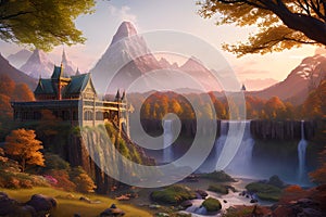 a rivendell overlooking an ethereal autumn landscape with waterfalls generated by Ai