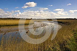 River Alde surrounded by fields under the sunlight and a blue sky in the UK